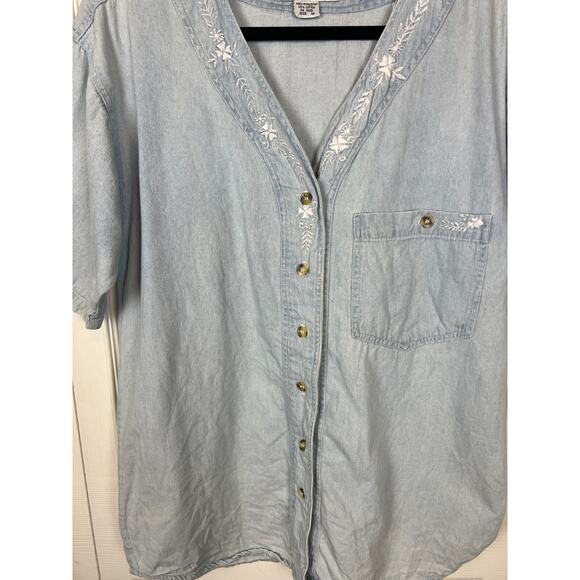 Vintage 90s Miramax Chambray Denim Sort Sleeve Button Top Embroidered Medium - Picture 5 of 7